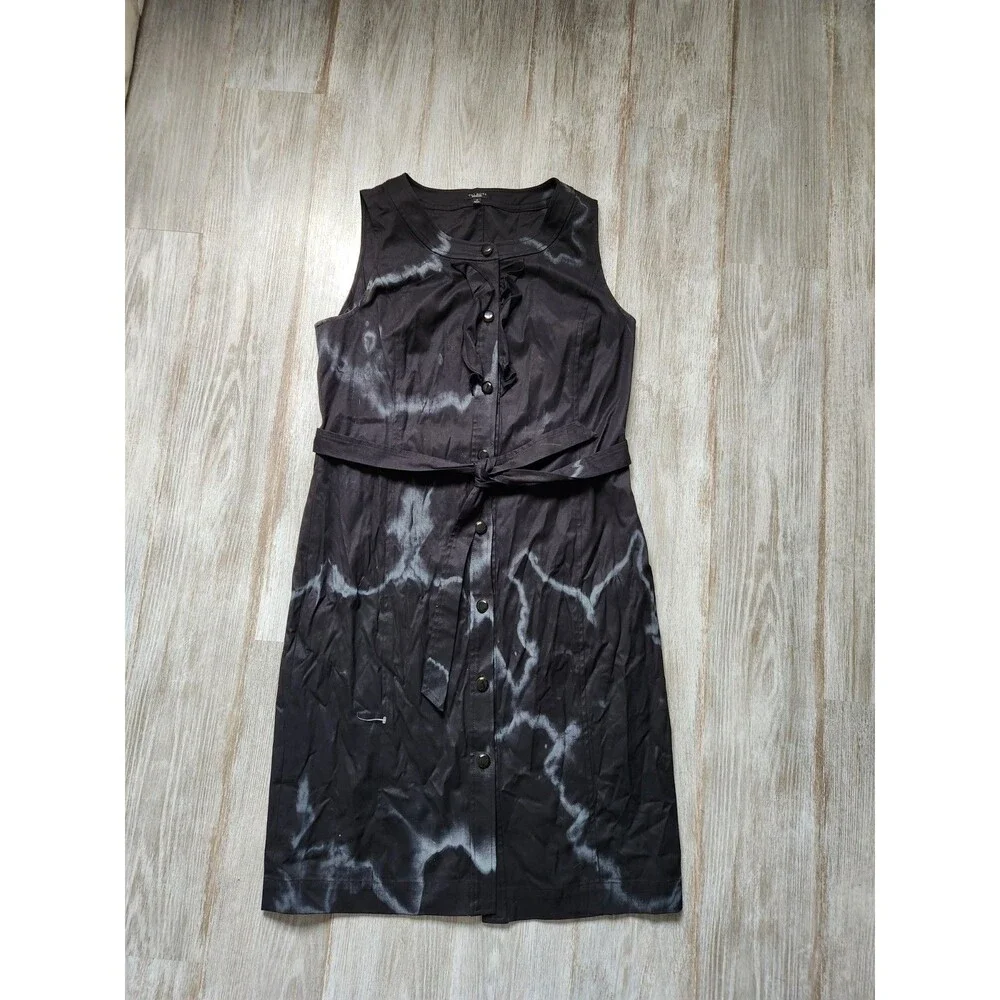 Talbots Womens Black Sleeveless Button-Front Dress Ruffle Marble Dye Sz 12 - Picture 1 of 10